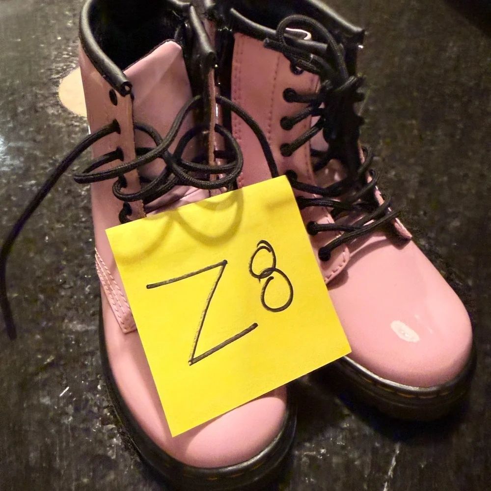 Dr. Martens Kids 1460 T Lace Up Combat Boots Pink Black Leather Side Zip Size 10